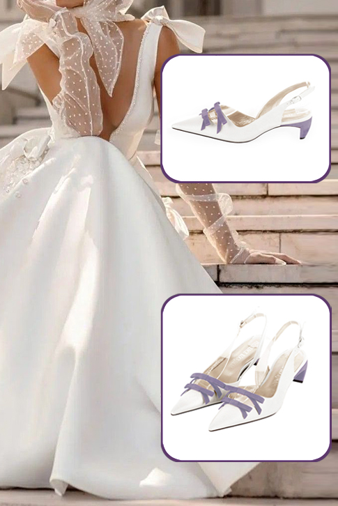 Women's pure white and lilac purple elegant slingback heels, with a bow on the front. Pointed toe. Low comma heels - Top view